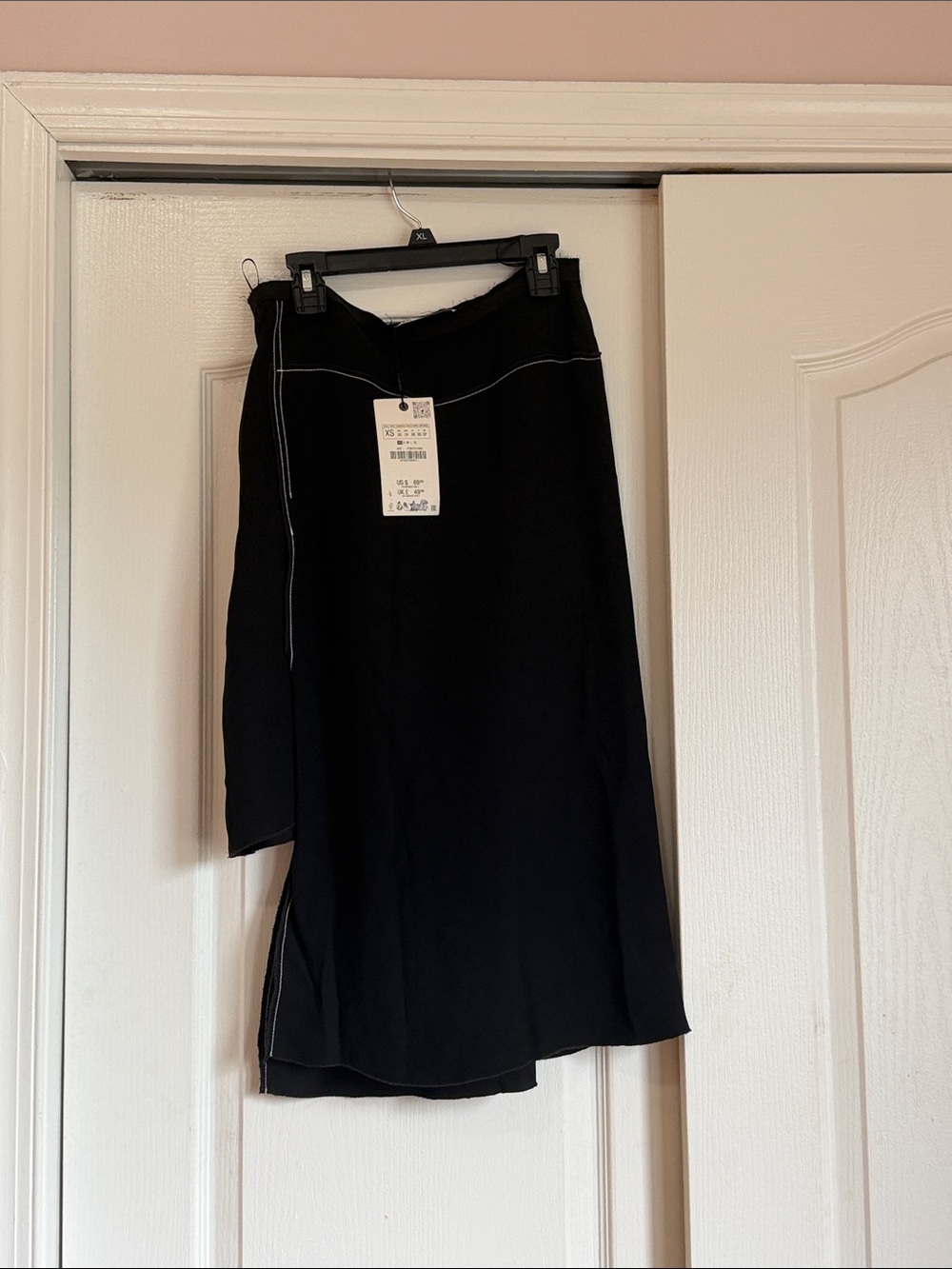 Zara Black Asymmetrical Midi Skirt with Contrast Stitching